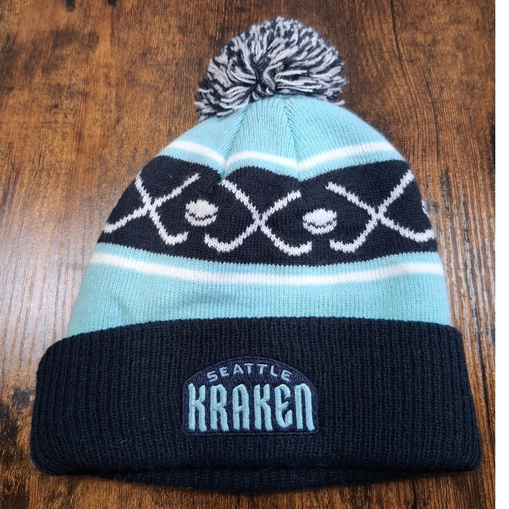 NHL Seattle Kraken Infant Beanie Knit Hat Navy Blue White Pom Pom Baby